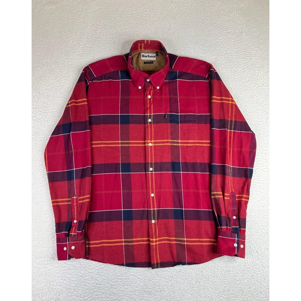 Barbour John Shirt Mens XL Red Plaid Flannel‎ Button Up Tailored Fit MSH3235TN12